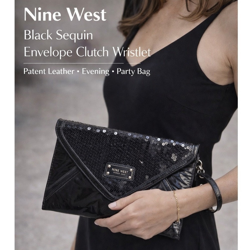 Women's Black Sequin Envelope Clutch Wristlet Patent Evening Party Handbag Purse
